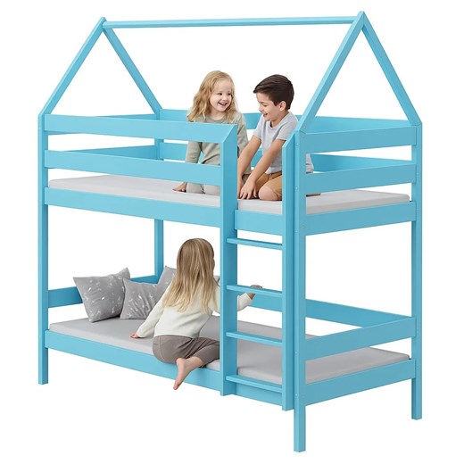 Niebieskie łóżko piętrowe domek dla rodzeństwa L1-B07 ze sklepu Edinos.pl w kategorii Łóżka dziecięce - zdjęcie 187322649