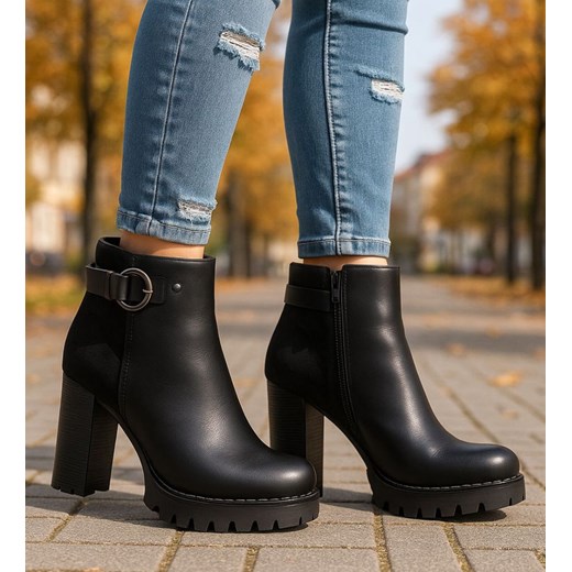 Czarne botki damskie na obcasie słupku /J5-4 H2 18211 W301/ ze sklepu Pantofelek24.pl w kategorii Botki - zdjęcie 187330057