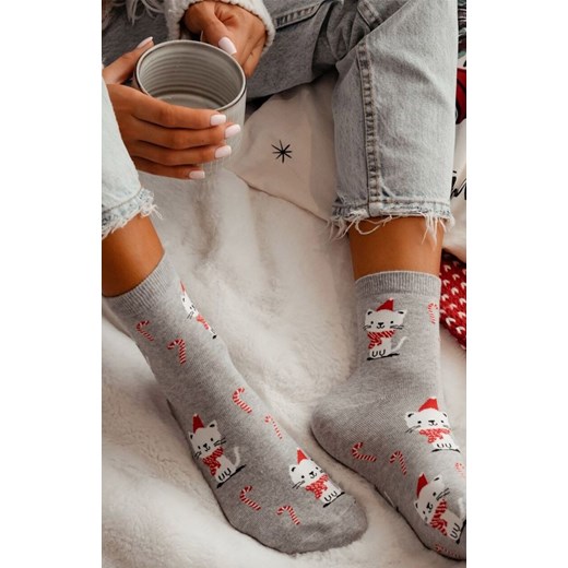 Świąteczne skarpetki damskie szare Kotek 1283.037, Kolor szary-wzór, Rozmiar 37-41, Milena ze sklepu Primodo w kategorii Skarpetki damskie - zdjęcie 187330759