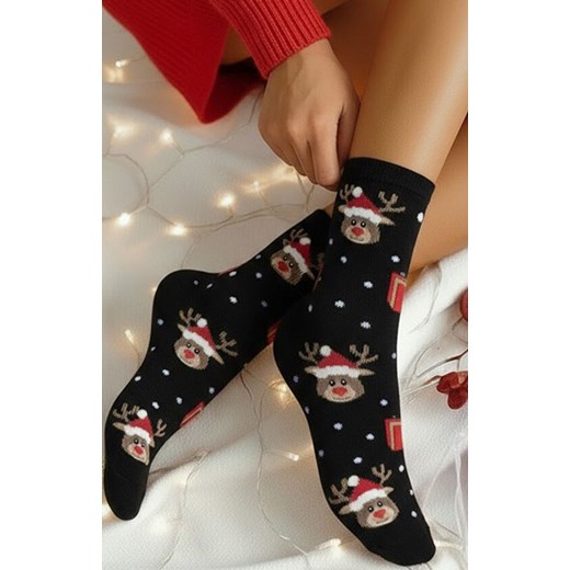 Świąteczne skarpetki damskie ecru Renifery i prezenty 1283.032, Kolor czarny, Milena 37-41 okazja Primodo