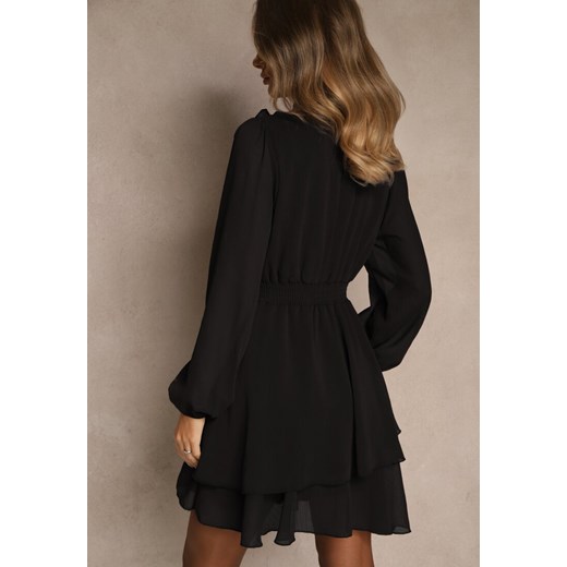 Czarna Sukienka z Siateczki o Rozkloszowanym Kroju z Bufiastymi Rękawami Aziva Renee XL renee.pl