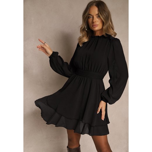 Czarna Sukienka z Siateczki o Rozkloszowanym Kroju z Bufiastymi Rękawami Aziva Renee XL renee.pl