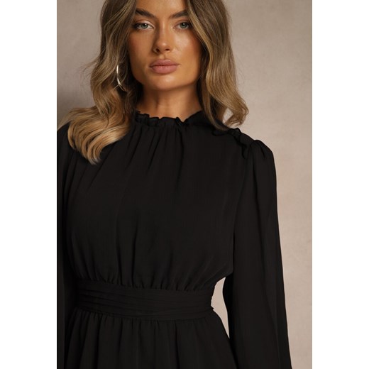 Czarna Sukienka z Siateczki o Rozkloszowanym Kroju z Bufiastymi Rękawami Aziva Renee XL renee.pl