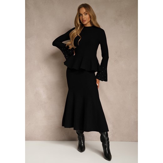 Czarny Komplet z Dzianiny z Wiskozą Spódnica i Sweter z Baskinką i Cyrkoniami Nereza ze sklepu renee.pl w kategorii Komplety i garnitury damskie - zdjęcie 187338178