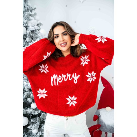 świąteczny krótki sweter print merry polski producent tmc - czerwono -biały ze sklepu STYLOWO w kategorii Swetry damskie - zdjęcie 187338229