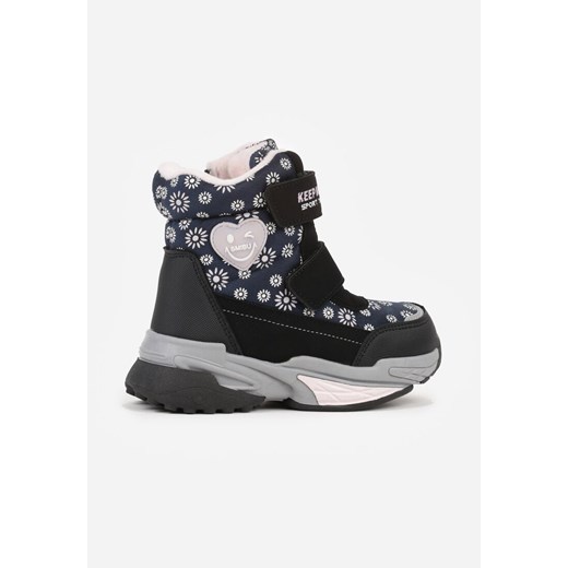 Granatowe Śniegowce w Kwiatki z Sercem i Napisem Alwedina ze sklepu born2be.pl w kategorii Buty zimowe dziecięce - zdjęcie 187338587