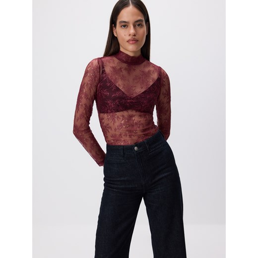 Reserved - Koronkowa bluzka - ciemnobrązowy ze sklepu Reserved w kategorii Bluzki damskie - zdjęcie 187341228