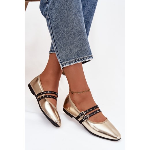Baleriny Z Paskami Eko Skórzane Złote Deliora ze sklepu ZAZOO w kategorii Balerinki - zdjęcie 187342599
