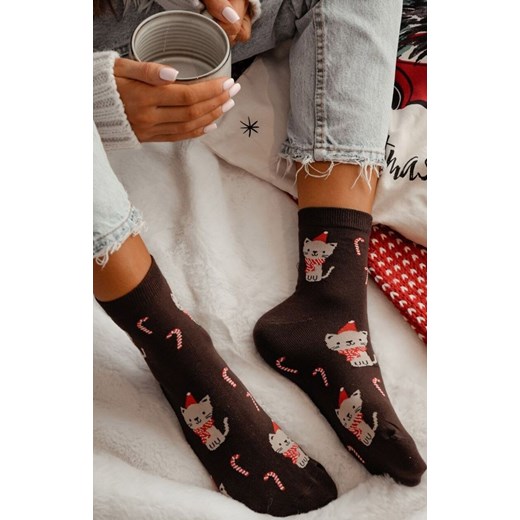 Świąteczne skarpetki damskie brązowe Kotek 1283.037, Kolor brązowy-wzór, Rozmiar 37-41, Milena ze sklepu Intymna w kategorii Skarpetki damskie - zdjęcie 187344526