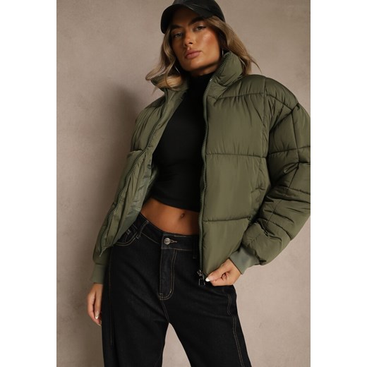 Ciemnozielona Kurtka Puffer z Pikowanymi Przeszyciami i Ściągaczami przy Rękawach Cenilea ze sklepu renee.pl w kategorii Kurtki damskie - zdjęcie 187347889