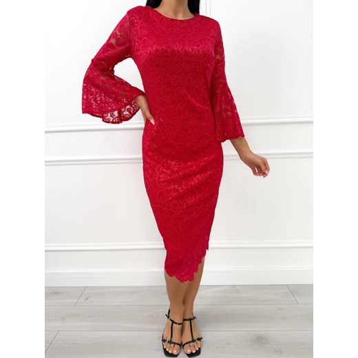 Czerwona Koronkowa Sukienka Midi z Rozszerzanym Rękawem Modnakiecka.pl 38 ModnaKiecka.pl