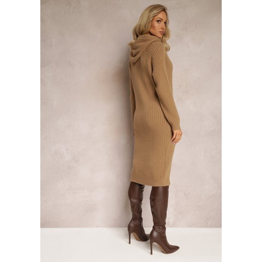 Ciemnobeżowa Wełniana Sukienka w Prążki z Kapturem Opiuda Renee ONE SIZE renee.pl okazja
