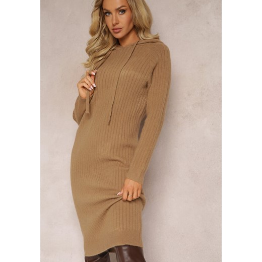 Ciemnobeżowa Wełniana Sukienka w Prążki z Kapturem Opiuda Renee ONE SIZE okazja renee.pl