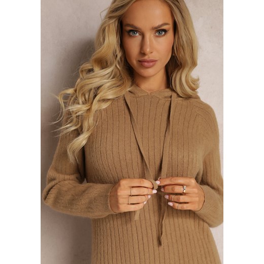 Ciemnobeżowa Wełniana Sukienka w Prążki z Kapturem Opiuda Renee ONE SIZE renee.pl wyprzedaż