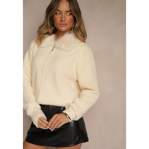 Beżowy Zasuwany Kardigan z Wełną z Futerkowym Kołnierzem Asiste ze sklepu renee.pl w kategorii Swetry damskie - zdjęcie 187349295