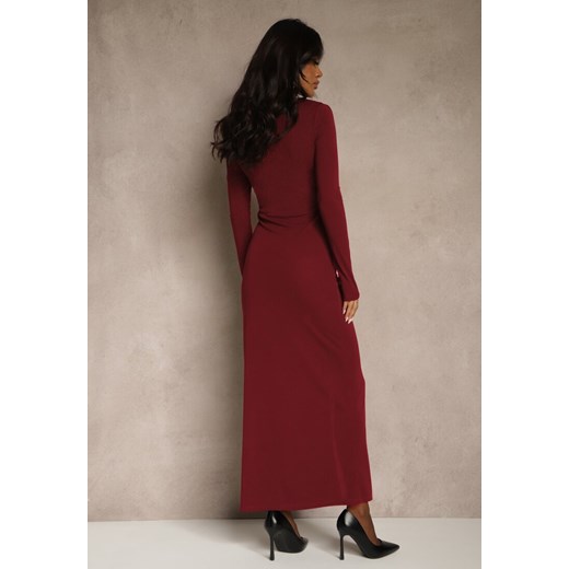 Bordowa Elegancka Sukienka Zdobiona Marszczeniem i Metaliczną Aplikacją Raselia Renee S renee.pl