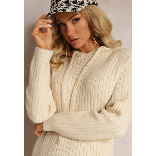 Beżowa Wełniana Sukienka w Prążki z Kapturem Opiuda Renee ONE SIZE wyprzedaż renee.pl