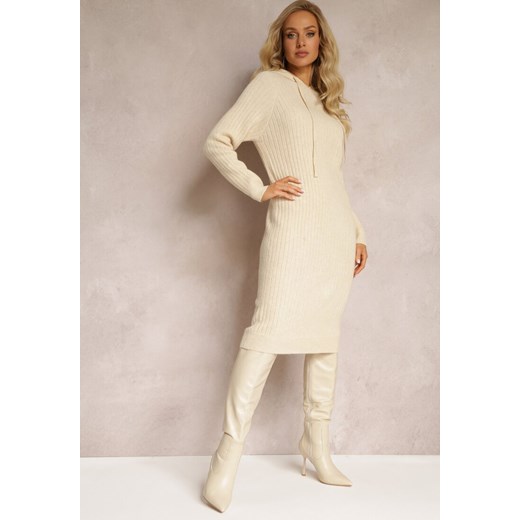 Beżowa Wełniana Sukienka w Prążki z Kapturem Opiuda ze sklepu renee.pl w kategorii Sukienki - zdjęcie 187353266