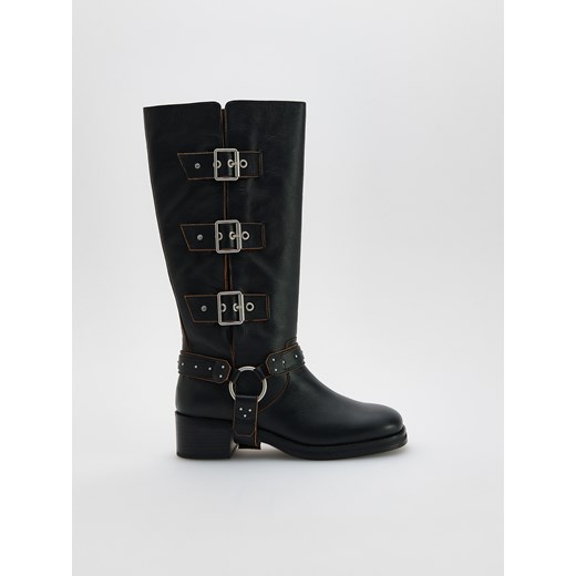 Reserved - Skórzane kozaki biker - czarny ze sklepu Reserved w kategorii Kozaki damskie - zdjęcie 187353627