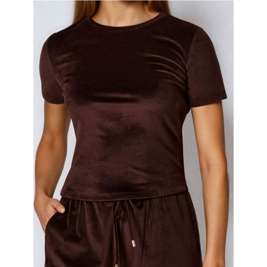 Sinsay - Koszulka basic z welurowym wykończeniem - brązowy ze sklepu Sinsay w kategorii Bluzki damskie - zdjęcie 187353886
