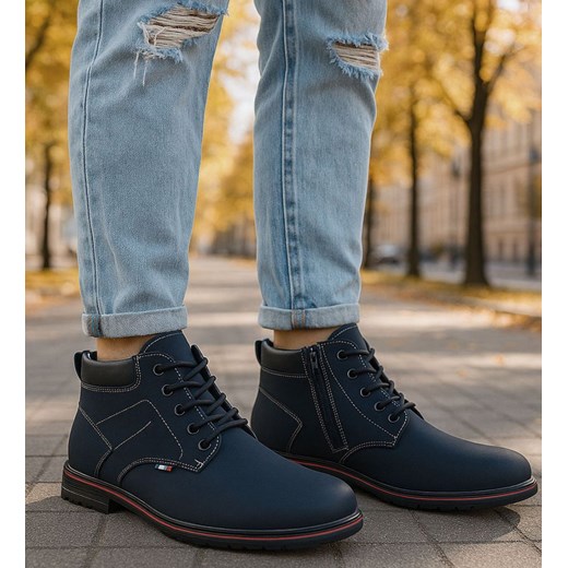 Wysokie zimowe botki męskie Granatowe /D4-1 18457 T389/ ze sklepu Pantofelek24.pl w kategorii Buty trekkingowe męskie - zdjęcie 187356497