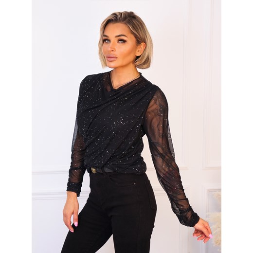 BLUZKA Z SIATECZKOWEGO MATERIAŁU I BŁYSZCZĄCYMI DROBINKAMI- CZARNA ze sklepu olika.com.pl w kategorii Bluzki damskie - zdjęcie 187357345