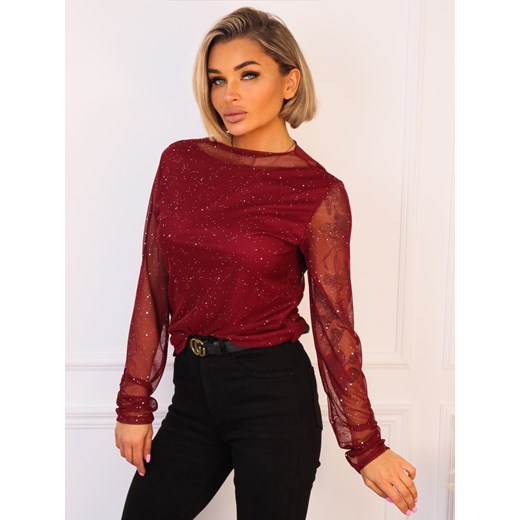 BLUZKA Z SIATECZKOWEGO MATERIAŁU I BŁYSZCZĄCYMI DROBINKAMI- BORDOWA ze sklepu olika.com.pl w kategorii Bluzki damskie - zdjęcie 187357397