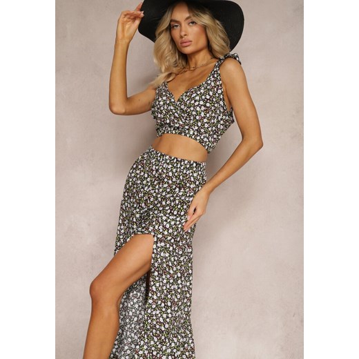 Czarny 2-częściowy Komplet z Bawełny w Kwiaty z Topem i Spódnicą Hildra ze sklepu renee.pl w kategorii Komplety i garnitury damskie - zdjęcie 187357995