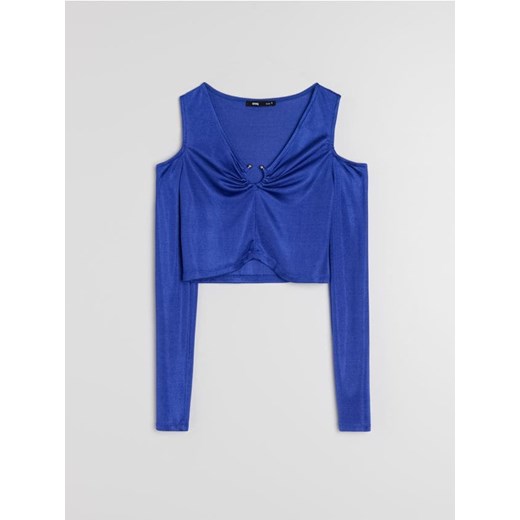 Sinsay - Welurowa bluzka z odkrytymi ramionami i marszczeniem przy dekolcie - niebieski ze sklepu Sinsay w kategorii Bluzki damskie - zdjęcie 187358986