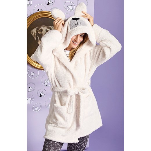 Puszysty ciepły szlafrok damski z kapturem i uszkami biały IGRID, Kolor biały, Rozmiar L/XL, Sorbetto ze sklepu Primodo w kategorii Szlafroki damskie - zdjęcie 187360835