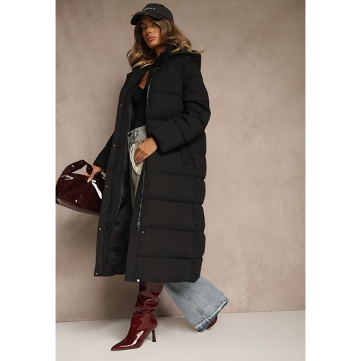 Czarna Kurtka o Długim Kroju z  Kapturem Ozdobiona Pikowaniem Aforriva ze sklepu renee.pl w kategorii Kurtki damskie - zdjęcie 187363075
