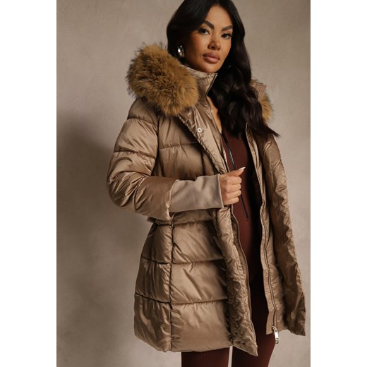 Ciemnobeżowa Pikowana Kurtka z Paskiem i Kapturem z Futerkiem Lilittia Renee S renee.pl
