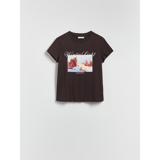 Reserved - Bawełniany t-shirt z nadrukiem - ciemnobrązowy ze sklepu Reserved w kategorii Bluzki damskie - zdjęcie 187363627