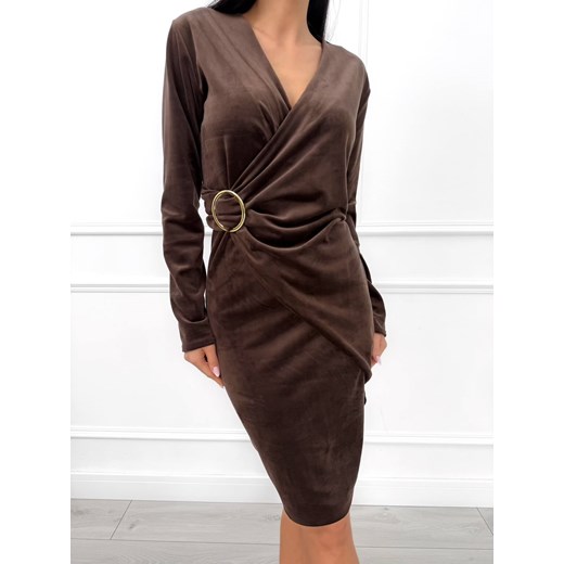 Brązowa Welurowa Sukienka z Ozdobą ze sklepu ModnaKiecka.pl w kategorii Sukienki - zdjęcie 187365755