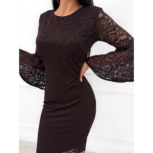 Czekoladowa Koronkowa Sukienka Midi z Rozszerzanym Rękawem Modnakiecka.pl 36 ModnaKiecka.pl