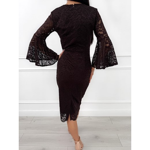 Czekoladowa Koronkowa Sukienka Midi z Rozszerzanym Rękawem Modnakiecka.pl 38 ModnaKiecka.pl