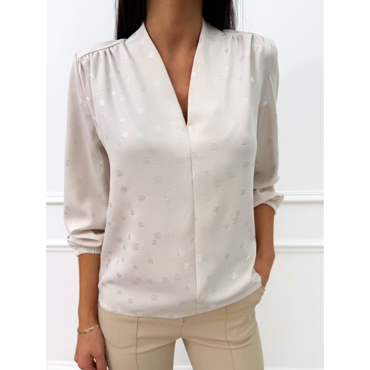 Beżowa Elegancka Bluzka ze Srebrnym Wzorem ze sklepu ModnaKiecka.pl w kategorii Bluzki damskie - zdjęcie 187365779