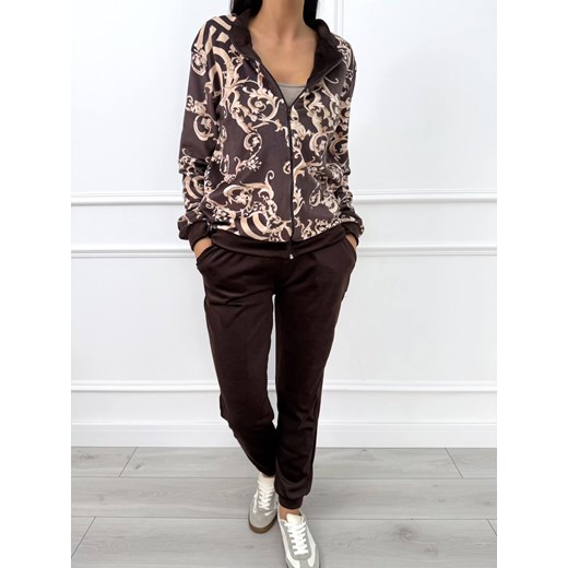 Czekoladowy Welurowy Komplet ze Wzorem ze sklepu ModnaKiecka.pl w kategorii Dresy damskie - zdjęcie 187365787