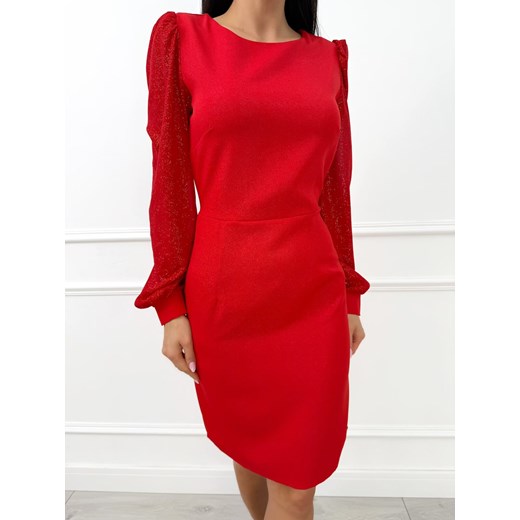 Czerwona Połyskująca Sukienka z Ozdobnymi Rękawami ze sklepu ModnaKiecka.pl w kategorii Sukienki - zdjęcie 187365806