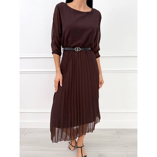 Ciemnobrązowa Plisowana Sukienka z Paskiem ze sklepu ModnaKiecka.pl w kategorii Sukienki - zdjęcie 187365838