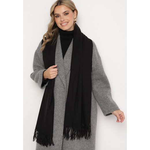 Czarny Szalik z Bawełną i Wiskozą Ozdobiony Frędzlami Siadortia ze sklepu born2be.pl w kategorii Szaliki i chusty damskie - zdjęcie 187366099