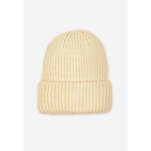 Beżowa Prążkowana Czapka Beanie z Wiskozą i Metaliczną Nicią Temiala uniwersalny born2be.pl
