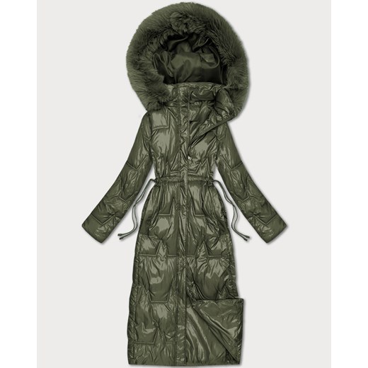 Długa pikowana damska kurtka zimowa khaki (T2-2221#-22) ze sklepu goodlookin.pl w kategorii Kurtki damskie - zdjęcie 187368175