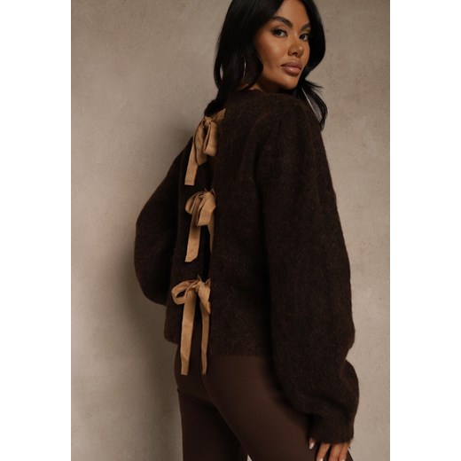 Brązowy Kardigan z Wełną Zdobiony Bufiastymi Rękawami i Wiązaniem na Plecach Tusfina ze sklepu renee.pl w kategorii Swetry damskie - zdjęcie 187368307