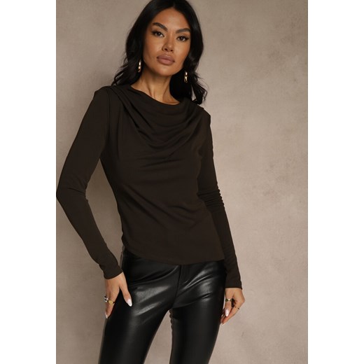 Brązowa Bluzka Longsleeve o Asymetrycznym Kroju z Poduszkami w Ramionach Tusandia ze sklepu renee.pl w kategorii Bluzki damskie - zdjęcie 187368317