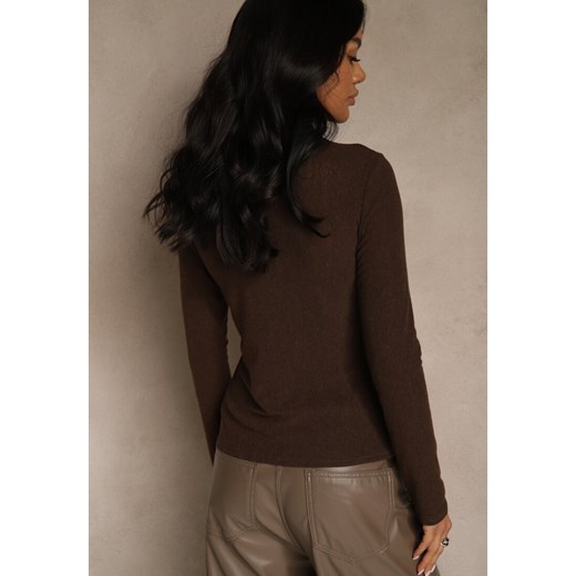 Brązowa Półtransparentna Bluzka Longsleeve ze Stójką z Dodatkiem Wiskozy Renee S renee.pl