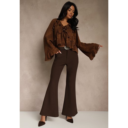 Brązowe Spodnie Flare z Wiskozy i Bawełny z Paskiem w Kowbojskim Stylu Tusiera ze sklepu renee.pl w kategorii Spodnie damskie - zdjęcie 187368387