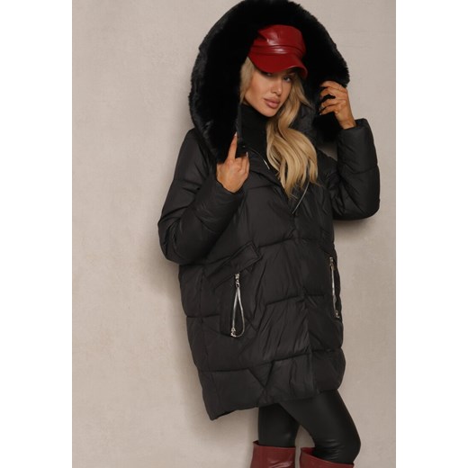 Czarna Pudełkowa Kurtka Pikowana Ozdobiona Odpinanym Futerkiem i Suwakiem Hedizelle ze sklepu renee.pl w kategorii Kurtki damskie - zdjęcie 187371238