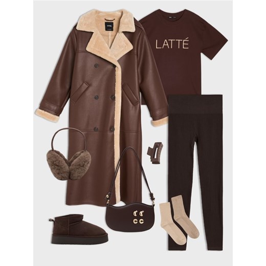 Sinsay - Długi płaszcz z imitacji skóry - brązowy ze sklepu Sinsay w kategorii Płaszcze damskie - zdjęcie 187371789