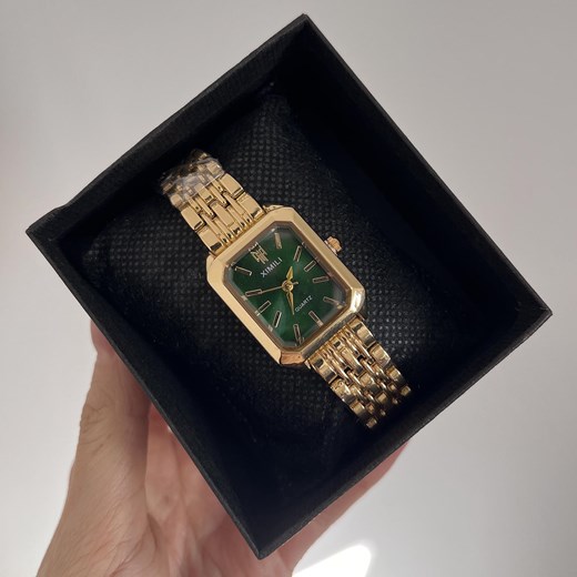 Zegarek damski złoty z prostokątną zieloną kopertą stal szlachetna ze sklepu otien.com w kategorii Zegarki - zdjęcie 187374395